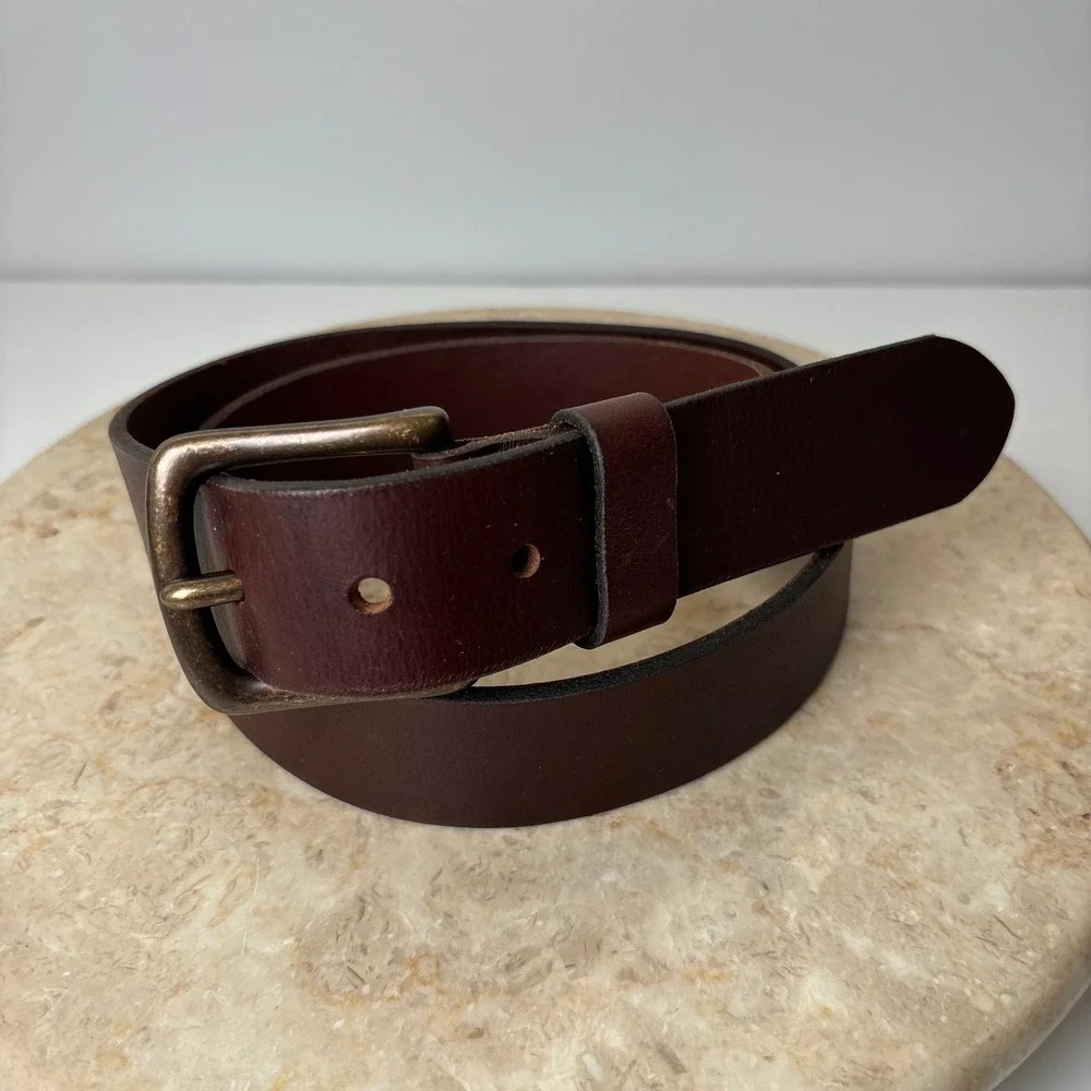 Mens Eddie‎ Bauer Dark Brown Genuine Leather Belt Antiqued Brass Buckle Classic